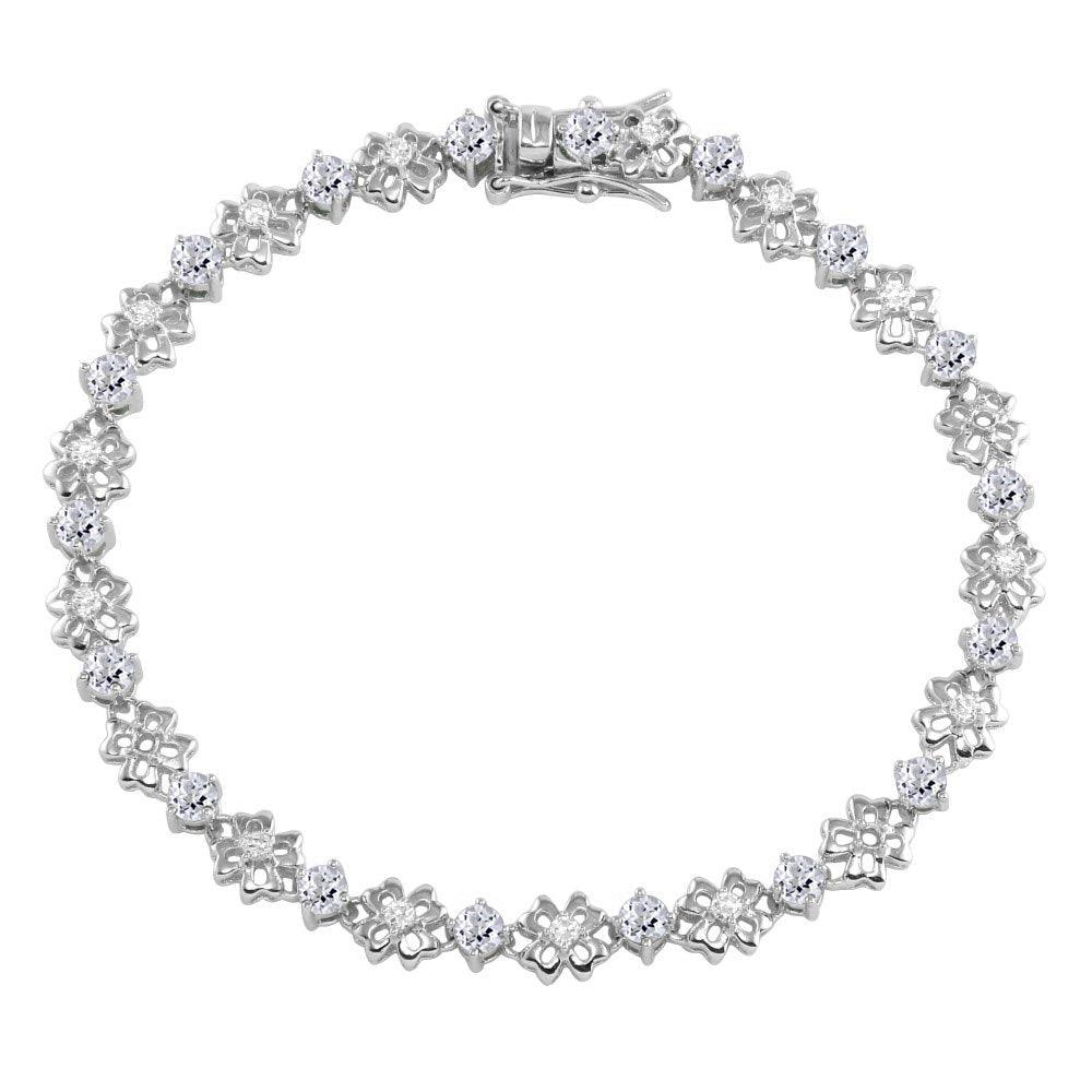 Rhodium Plated 925 Sterling Silver Flower Link Bracelet with Clear CZ - BGB00304CLR