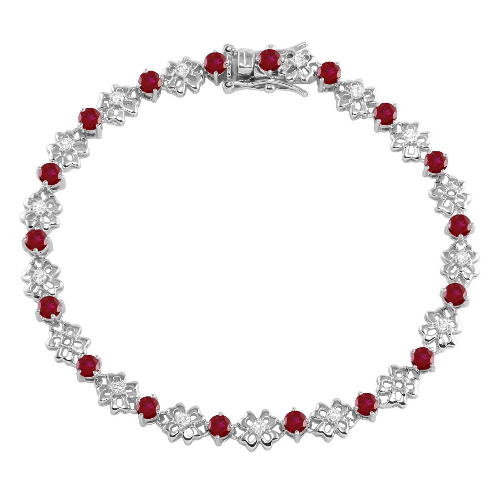 Rhodium Plated 925 Sterling Silver Flower Link Bracelet with Clear And Red CZ - BGB00304GAR