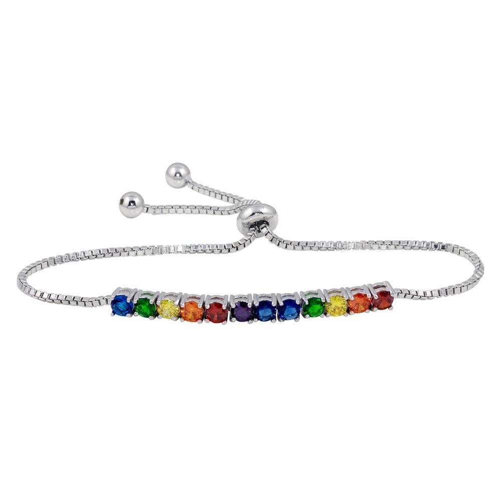 Rhodium Plated 925 Sterling Silver Rainbow CZ Lariat Bracelet - BGB00325