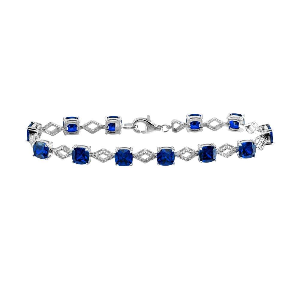 Rhodium Plated 925 Sterling Silver Blue CZ Link Bracelet - BGB00331BLU