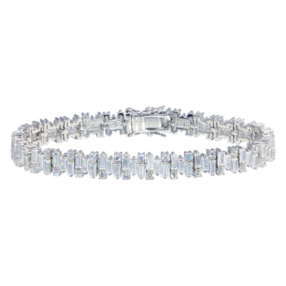 Rhodium Plated 925 Sterling Silver Baguette CZ Bracelet - BGB00345