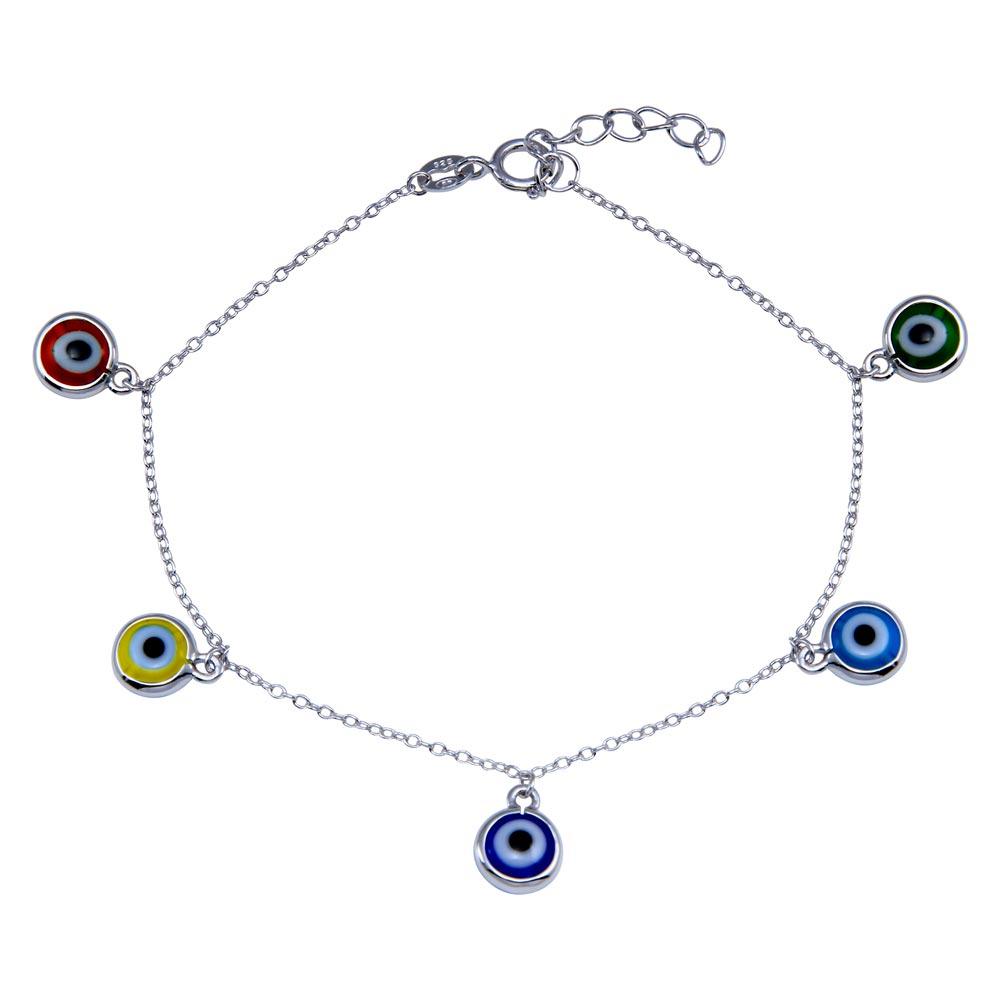 925 Sterling Silver CZ Multicolored Dangling Evil Eye Bracelet - BGB00355