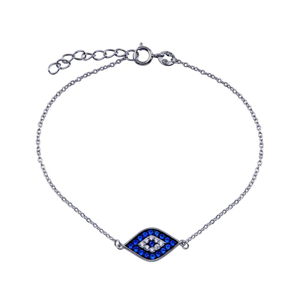 Rhodium Plated 925 Sterling Silver CZ Evil Eye Bracelet - BGB00361