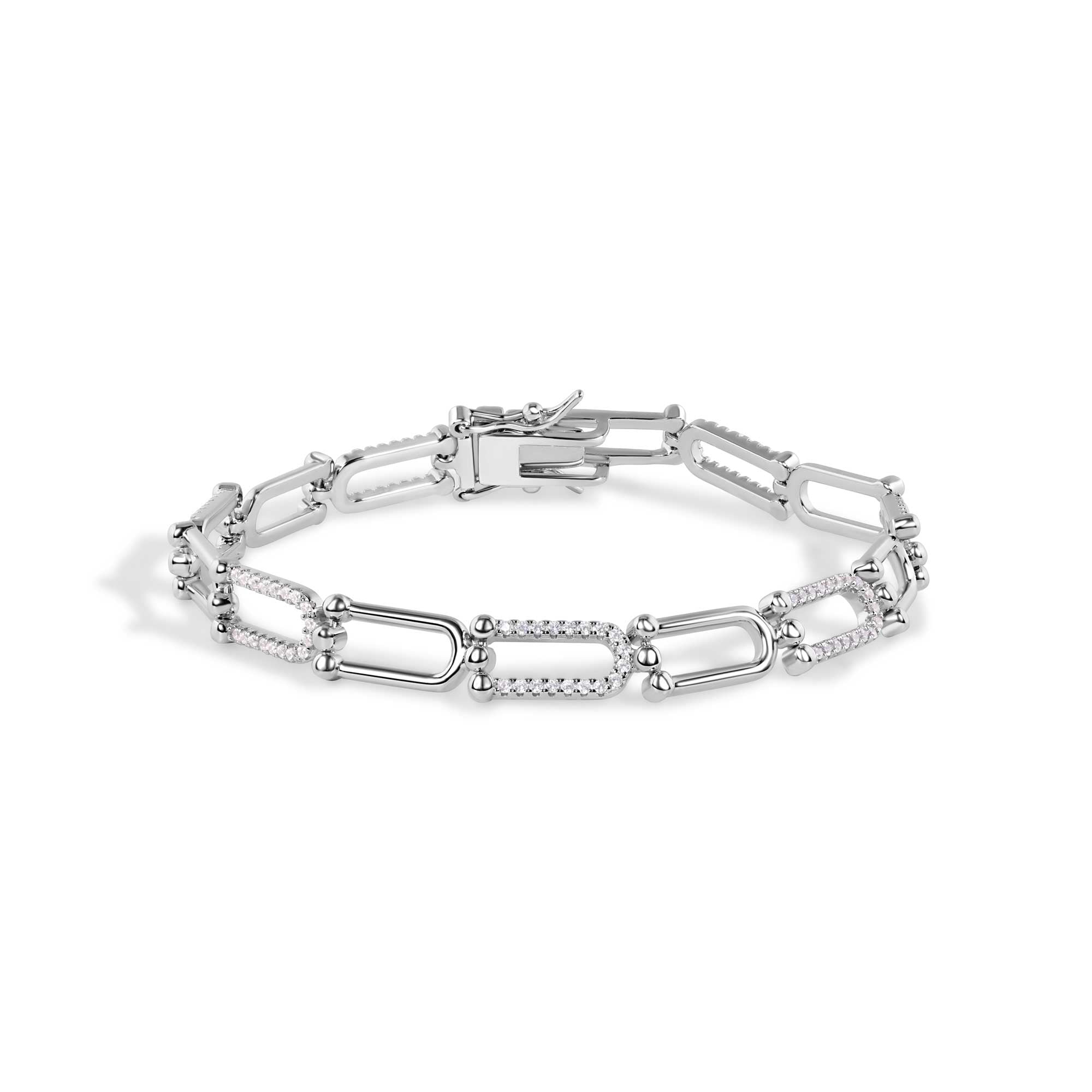 Rhodium Plated 925 Sterling Silver U Link Clear CZ Tennis Bracelet - BGB00391