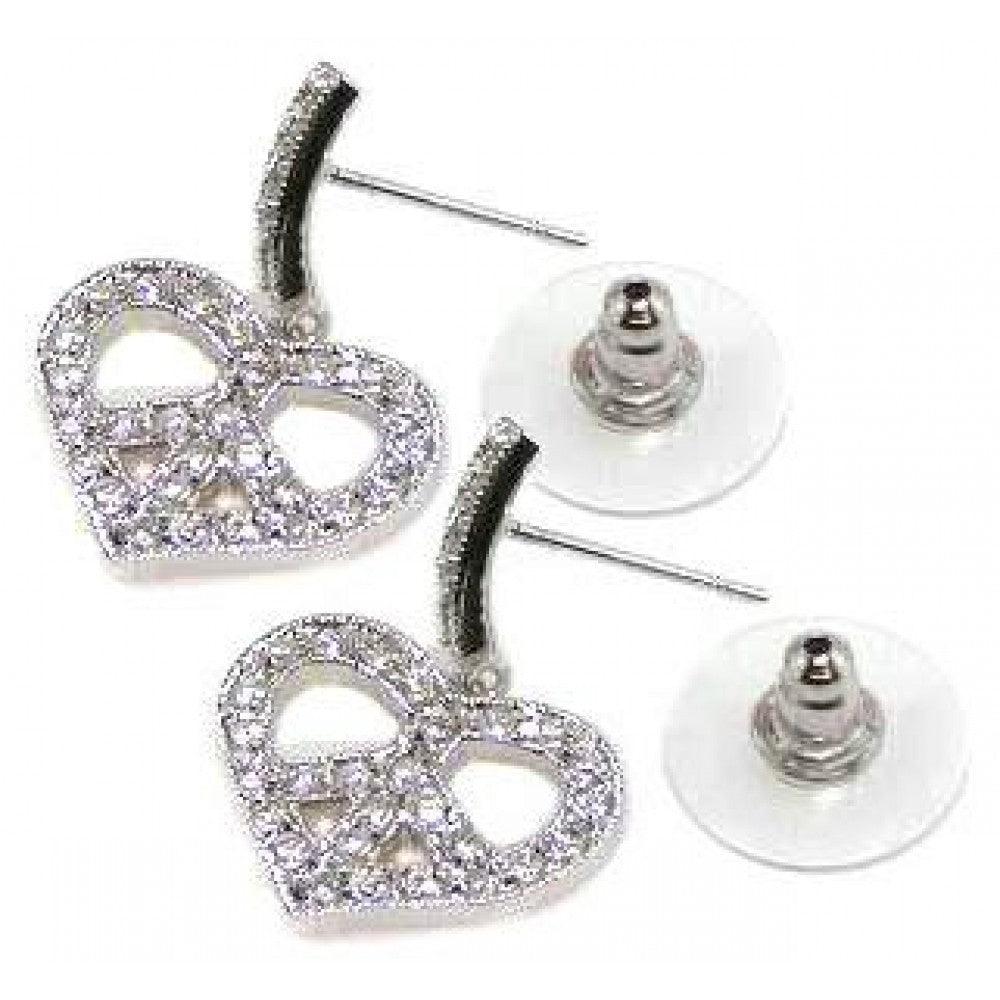 Silver 925 Rhodium Plated Clear CZ Open Peace Heart Dangling Stud Earring - BGE00024