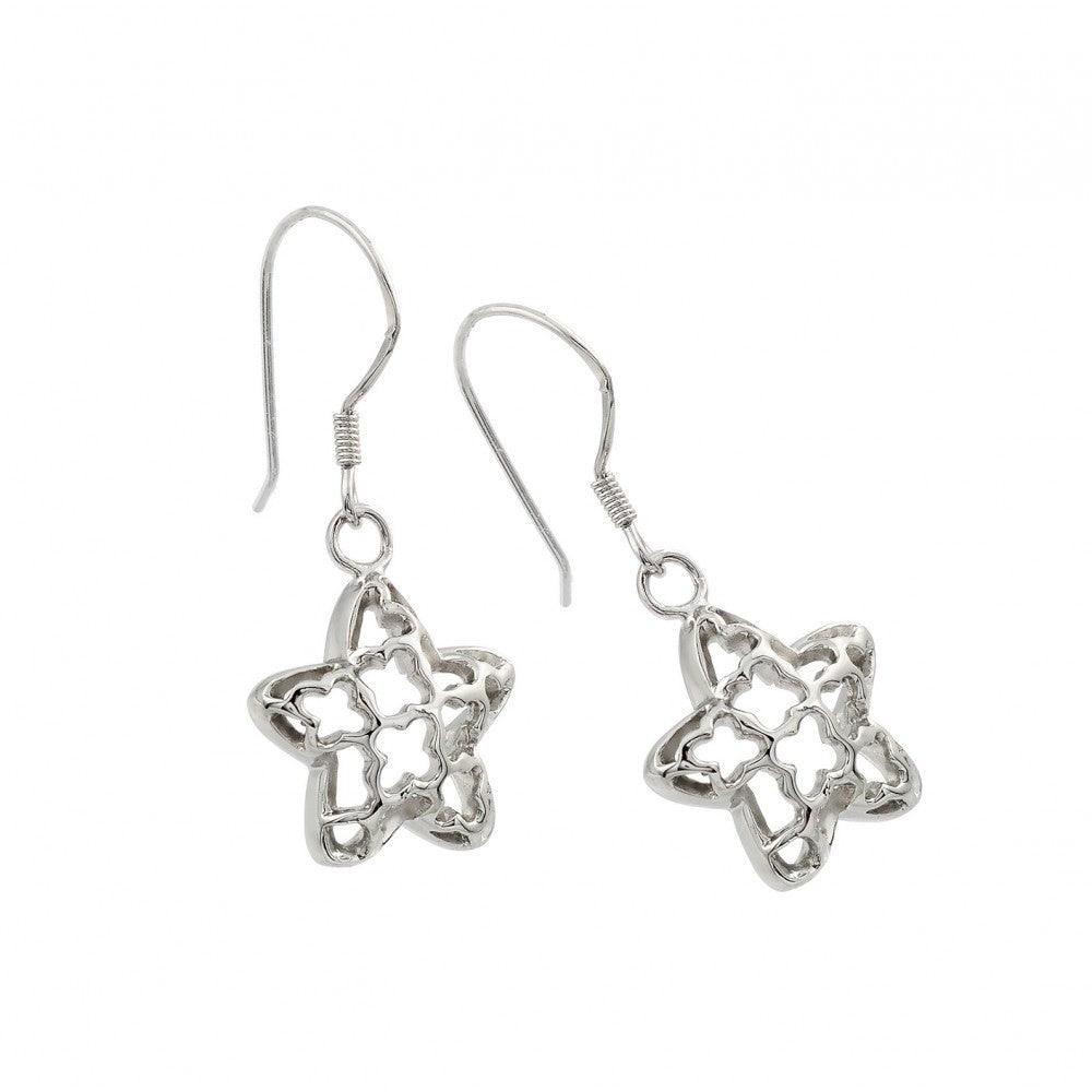 Silver 925 Rhodium Plated Open Star Dangling Hook Earring - BGE00042