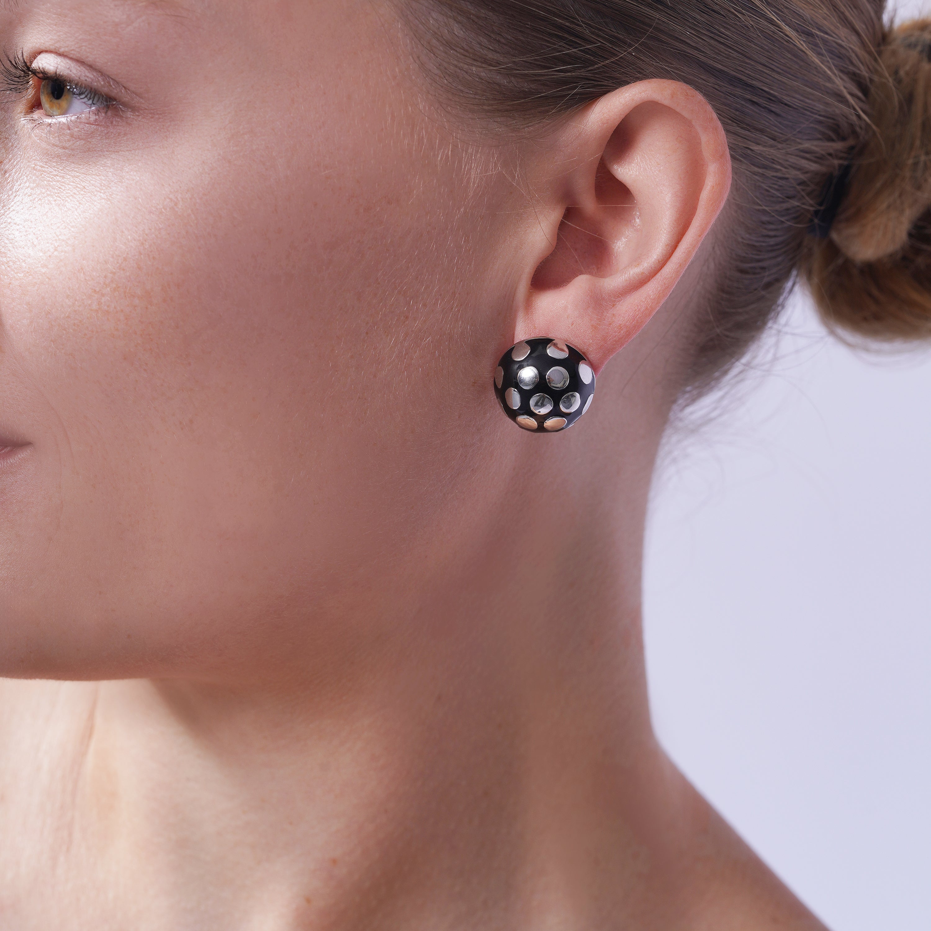 Silver 925 Rhodium Plated Black Enamel Polk A Dot Lever Back Earrings - BGE00101
