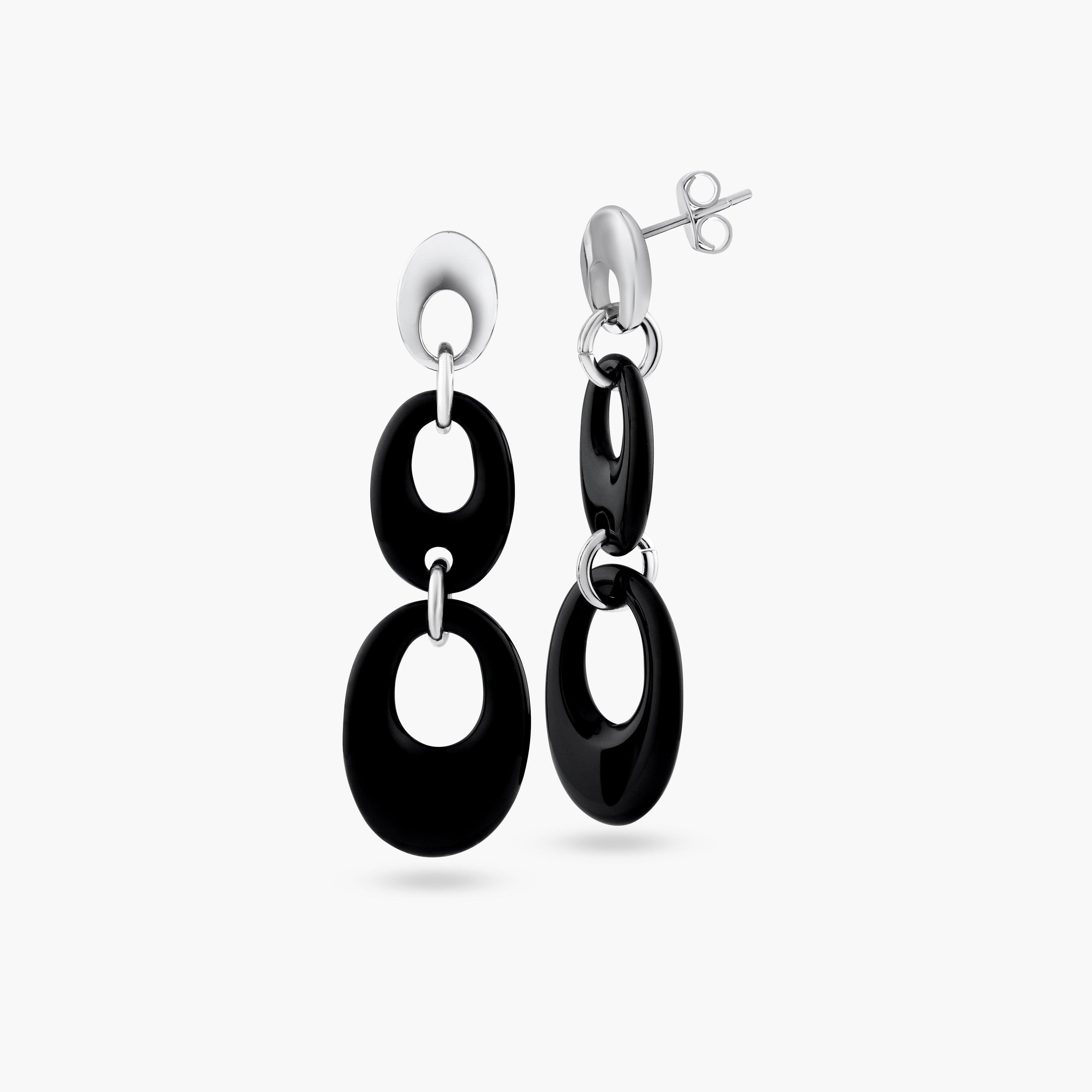 Silver 925 Rhodium Plated Black Open Oval Onyx Stud Dangling Earrings - BGE00113