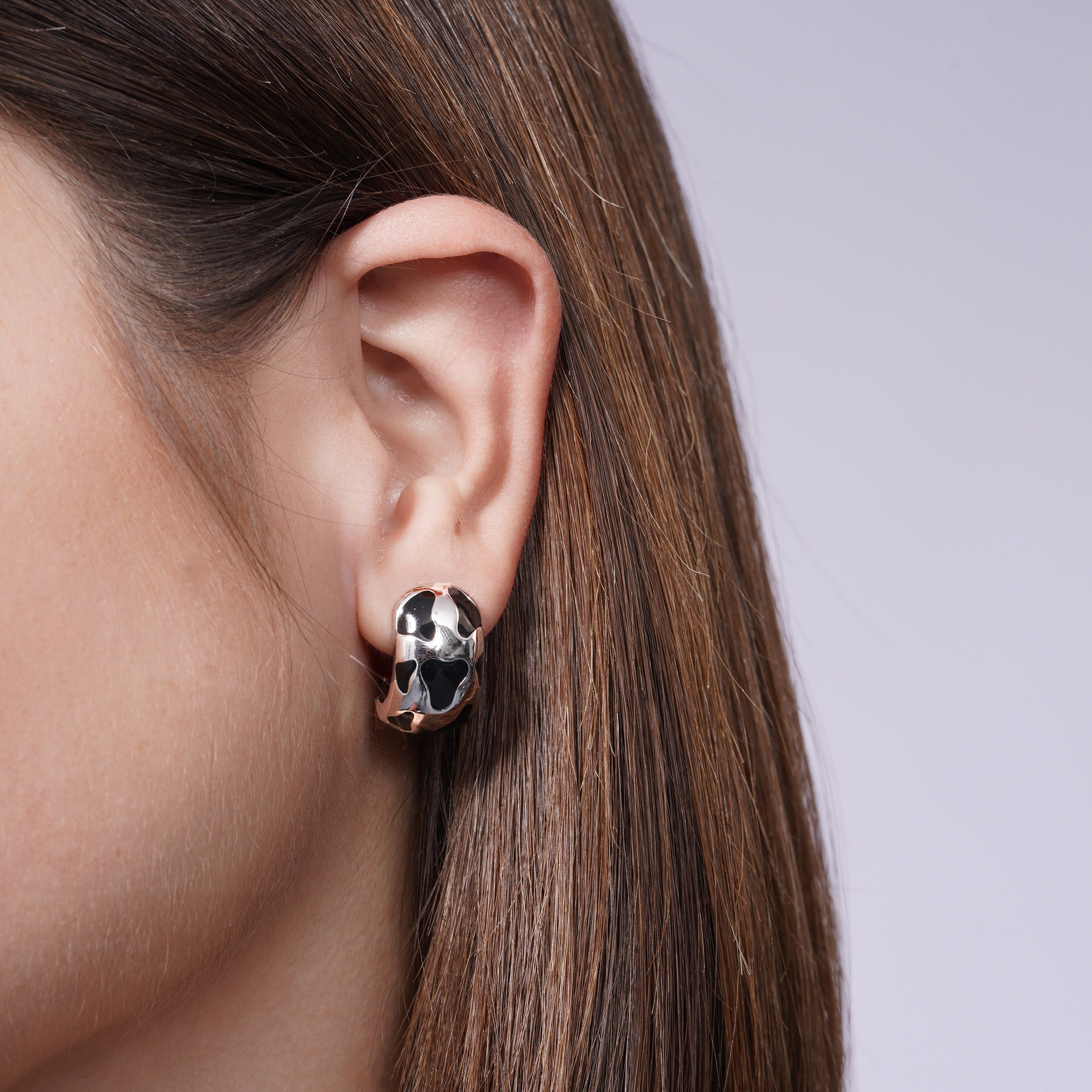 Silver 925 Rhodium Plated Cow Print Hoop Earrings - BGE00126
