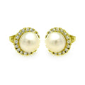 Gold Plated 925 Sterling Silver Round CZ Center Fresh Water Pearl Stud Earrings - BGE00253GP