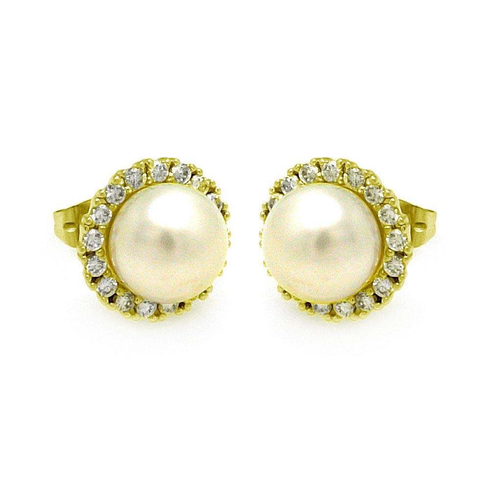 Gold Plated 925 Sterling Silver Round CZ Center Fresh Water Pearl Stud Earrings - BGE00253GP