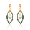 Silver 925 Black and Rose Gold Plated Open Marquise Clear CZ Dangling Fresh Water Pearl Stud Earrings - BGE00289