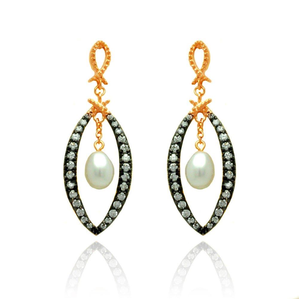 Silver 925 Black and Rose Gold Plated Open Marquise Clear CZ Dangling Fresh Water Pearl Stud Earrings - BGE00289