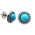 Silver 925 Black Rhodium Plated Round Clear CZ Turquoise Center Stud Earrings - BGE00408