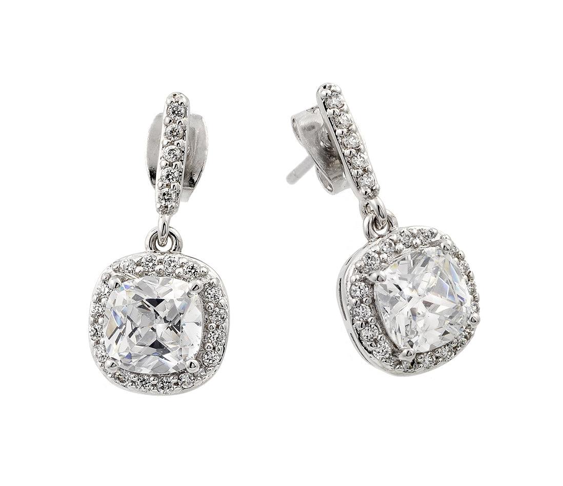 Rhodium Plated 925 Sterling Silver Hanging Square Halo CZ Earrings - BGE00430