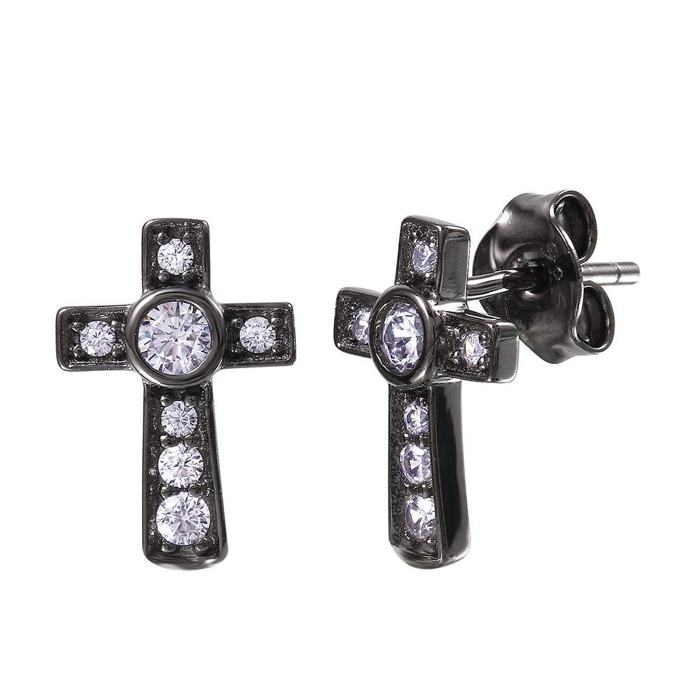 Silver 925 Black Rhodium Plated Cross Earring with CZ - BGE00466