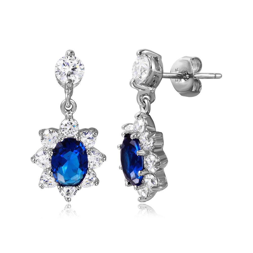 Silver 925 Rhodium Plated 2 Toned Clear And Blue CZ Hanging Earrings - BGE00472