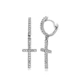 Rhodium Plated 925 Sterling Silver Hanging CZ Cross huggie hoop Earrings - BGE00495
