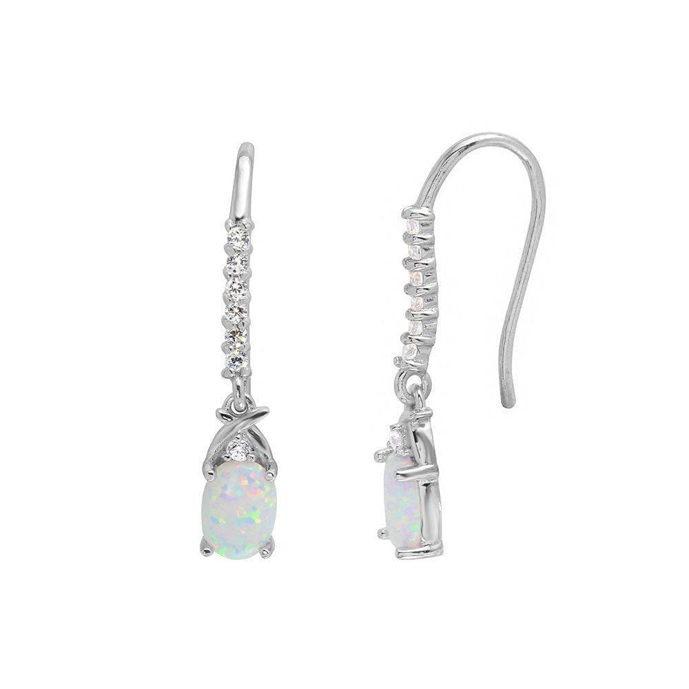 Rhodium Plated 925 Sterling Silver Dangling Oval Opal with CZ Earrings - BGE00499
