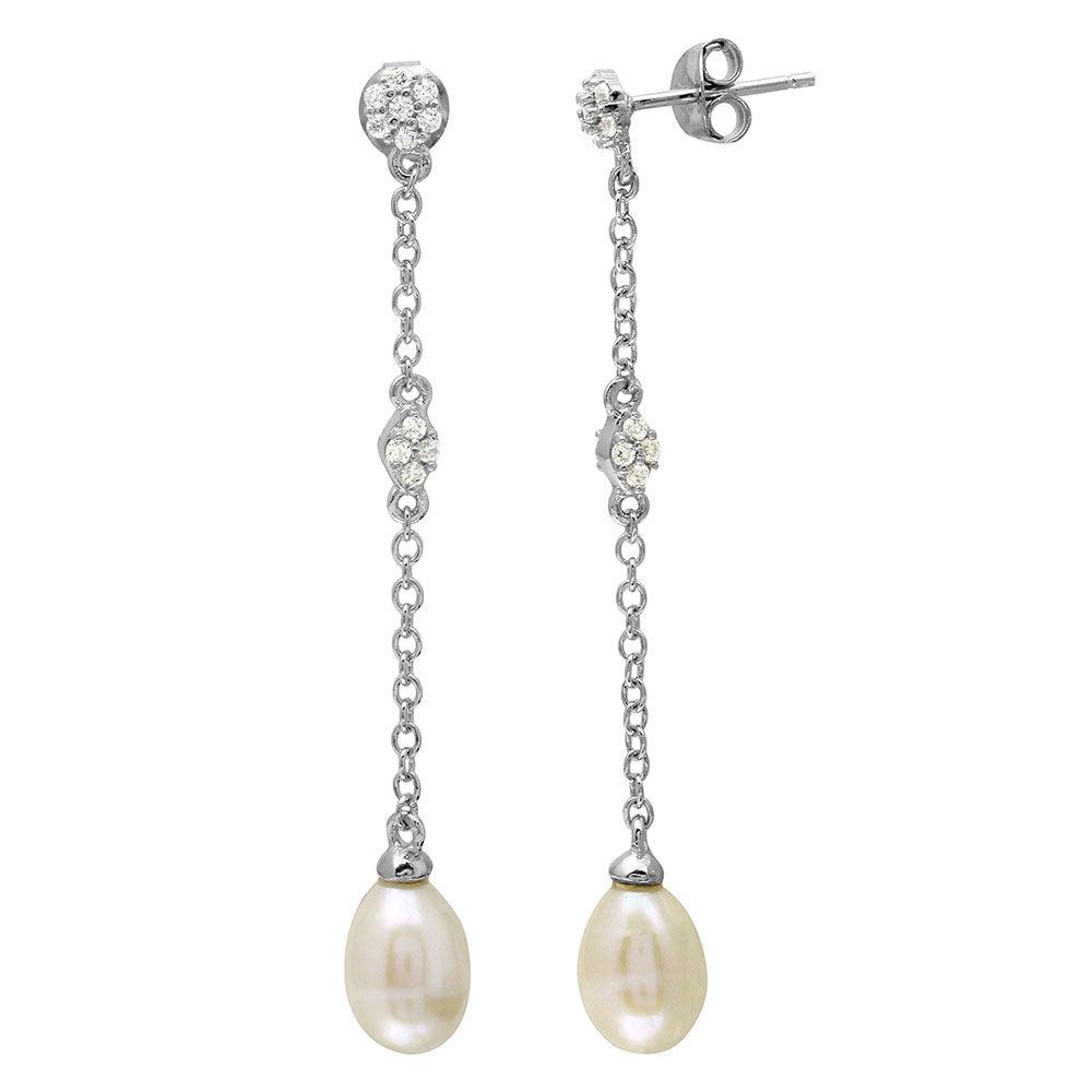 Rhodium Plated 925 Sterling Silver Dangling CZ and Fresh Water Pearl Earrings - BGE00507