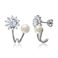 Rhodium Plated 925 Sterling Silver Flower CZ Fresh Water Pearl Earrings - BGE00508