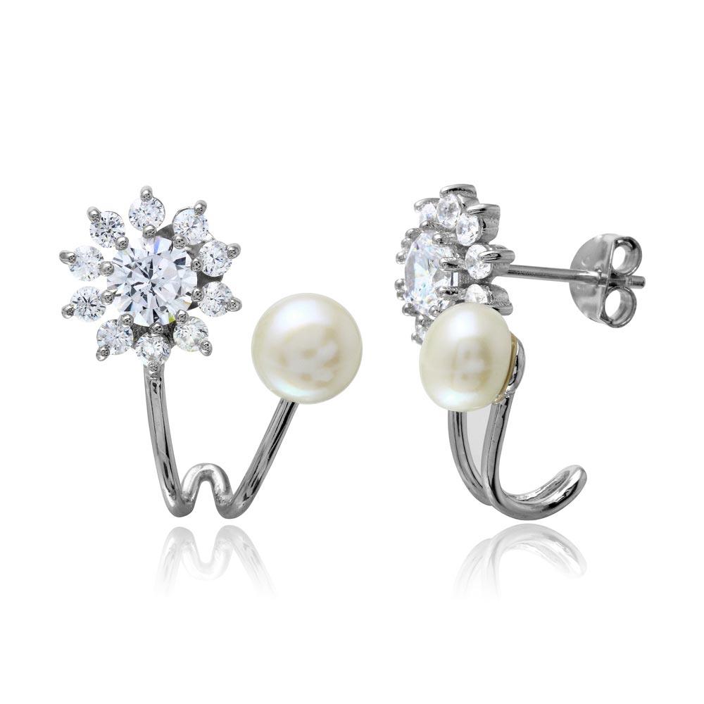 Rhodium Plated 925 Sterling Silver Flower CZ Fresh Water Pearl Earrings - BGE00508