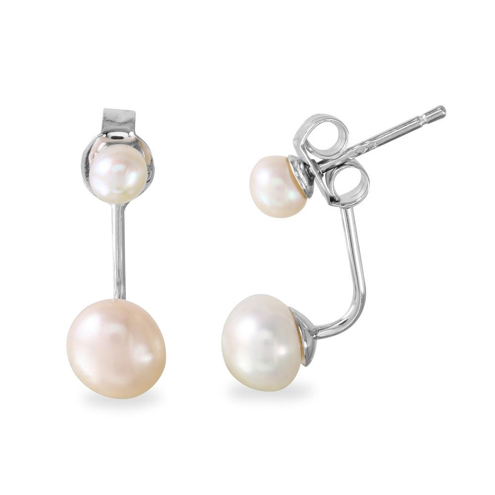 Rhodium Plated 925 Sterling Silver Dropped Fresh Water Pearl Front and Back Earrings - BGE00525
