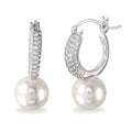 Rhodium Plated 925 Sterling Silver Dropped Synthetic Pearl huggie hoop Earrings with CZ - BGE00526