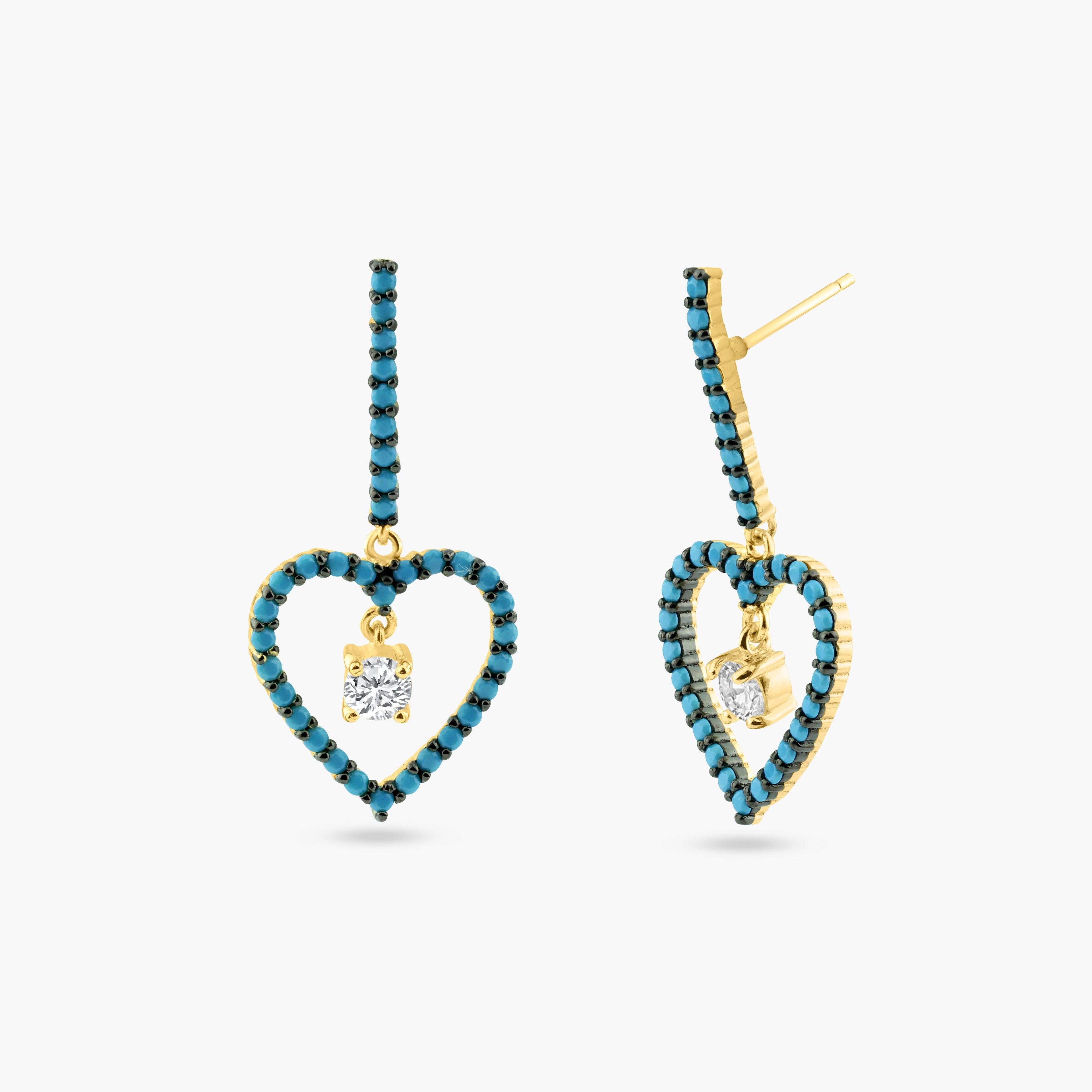 Gold and Black Rhodium Plated 925 Sterling Silver Curved Bar and Dangling Open Heart with Turquoise Beads and CZ - BGE00528