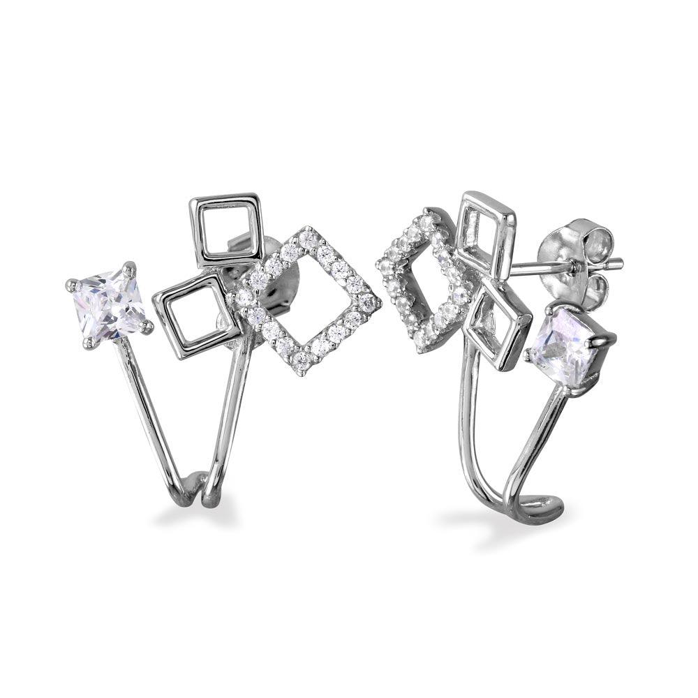 Rhodium Plated 925 Sterling Silver 3 Open Squares with Round CZ and Square CZ Folded Earrings - BGE00531