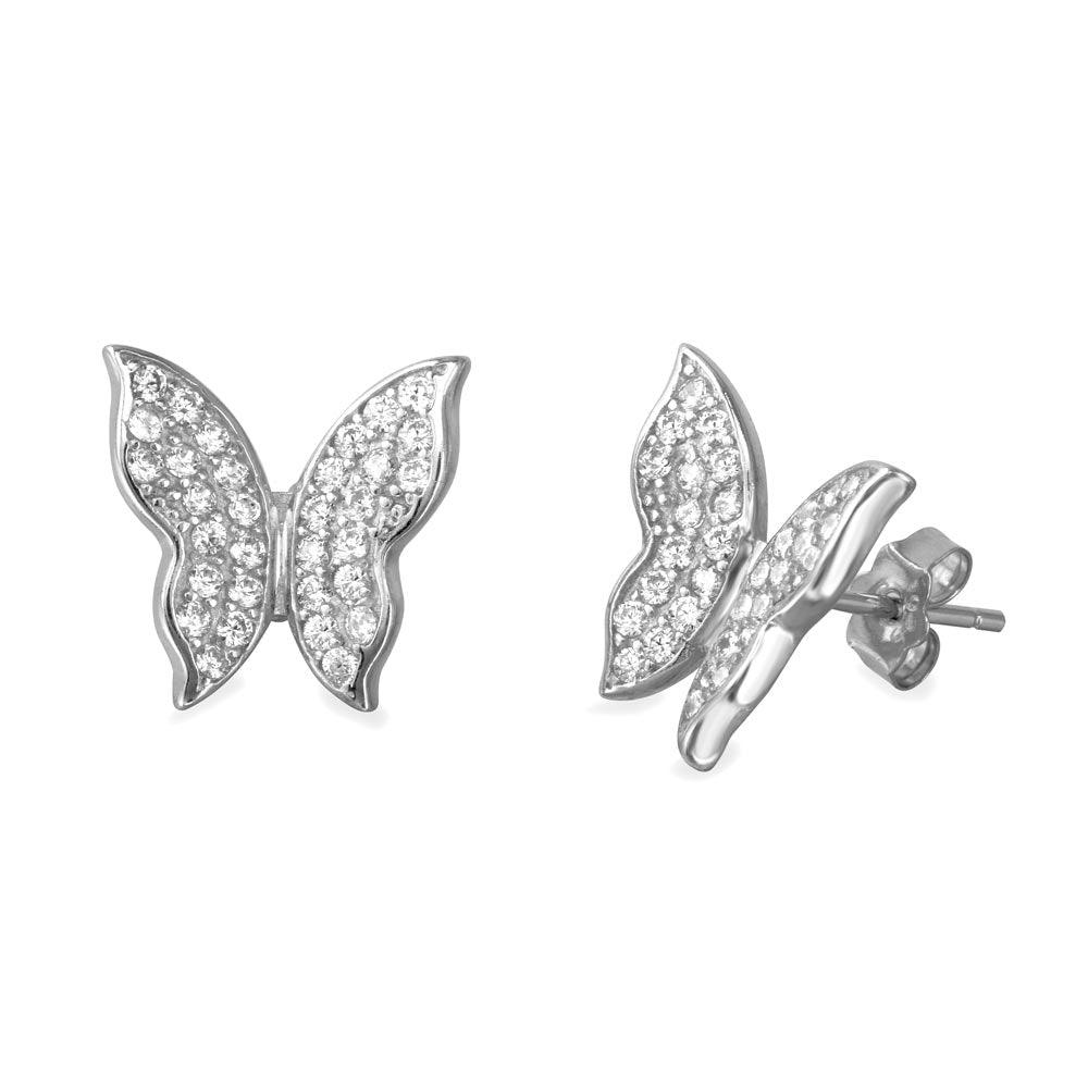 Rhodium Plated 925 Sterling Silver Butterfly Earring with CZ - BGE00534