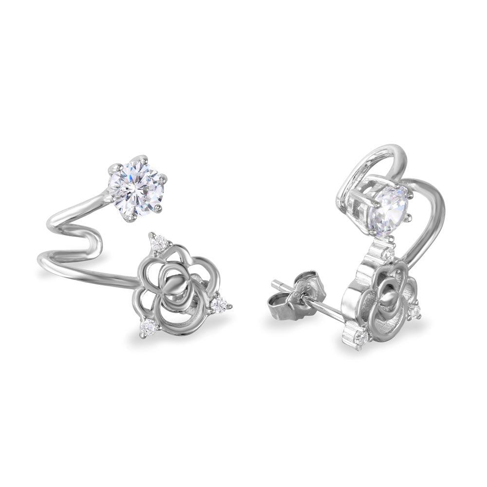 Rhodium Plated 925 Sterling Silver Flower and Round CZ Folded Earrings - BGE00535