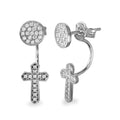 Rhodium Plated 925 Sterling Silver Circle and Dropped Cross CZ Front and Back Earrings - BGE00537