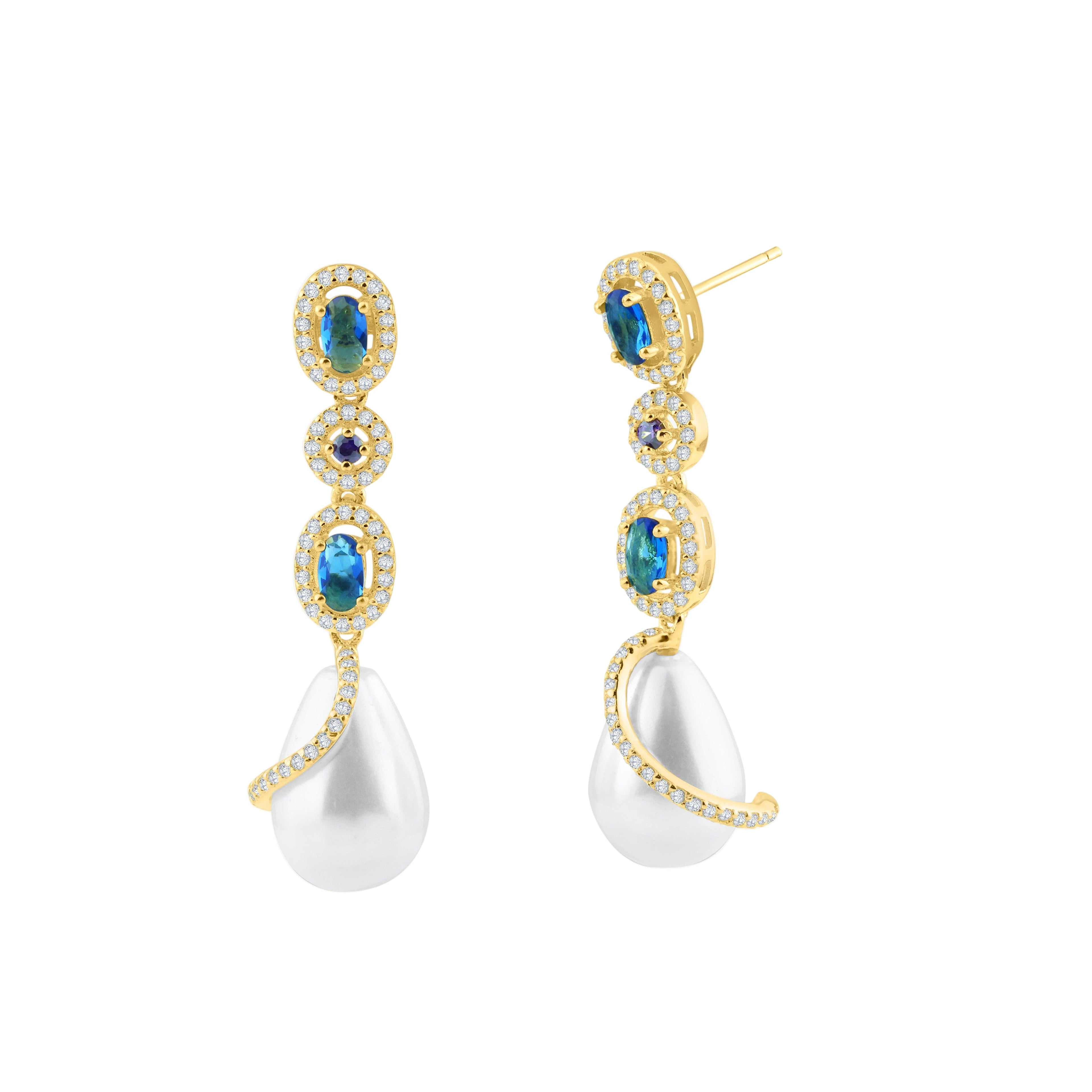 Gold Plated 925 Sterling Silver Multi Color CZ Dangling Earring with CZ Wrapped Synthetic Pearls - BGE00544