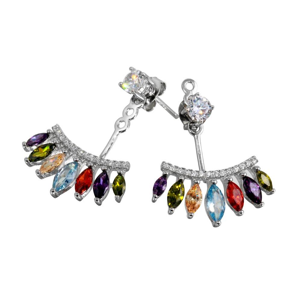 Rhodium Plated 925 Sterling Silver Multi Color CZ Hanging Front and Back Earrings - BGE00551