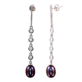 Rhodium Plated 925 Sterling Silver CZ Bar Fresh Water Black Pearl Drop Earrings - BGE00563
