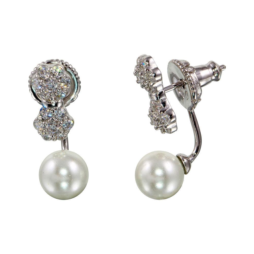 Rhodium Plated 925 Sterling Silver CZ Flowers Pearl Drop Front and Back Telephone Earrings - BGE00564