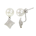 Rhodium Plated 925 Sterling Silver Synthetic Pearl and Diamond-Shaped Front and Back Earrings with CZ - BGE00568