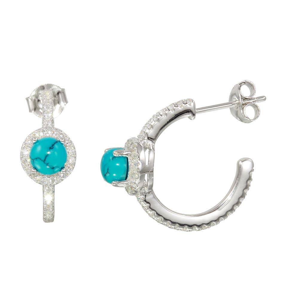 Rhodium Plated 925 Sterling Silver Semi-Hoop CZ Earrings with CZ and Aqua Stone - BGE00569AQ