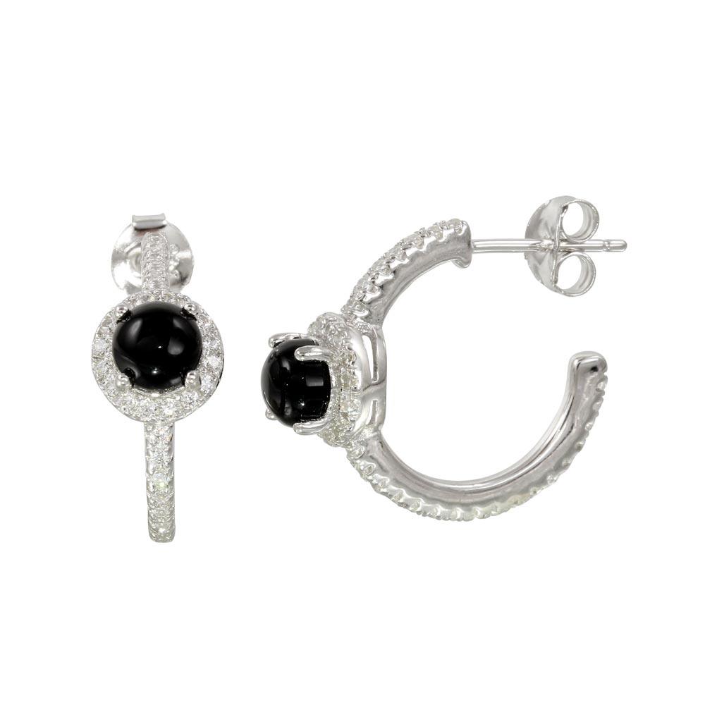 Rhodium Plated 925 Sterling Silver Semi-Hoop CZ Earrings with CZ and Black Stone - BGE00569BLK