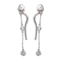 Rhodium Plated 925 Sterling Silver Front and Back Dangling Earrings with CZ and Synthetic Pearl - BGE00585
