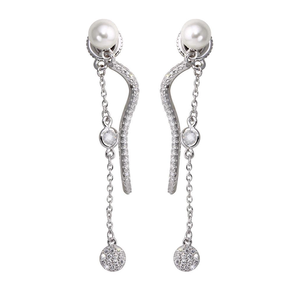 Rhodium Plated 925 Sterling Silver Front and Back Dangling Earrings with CZ and Synthetic Pearl - BGE00585