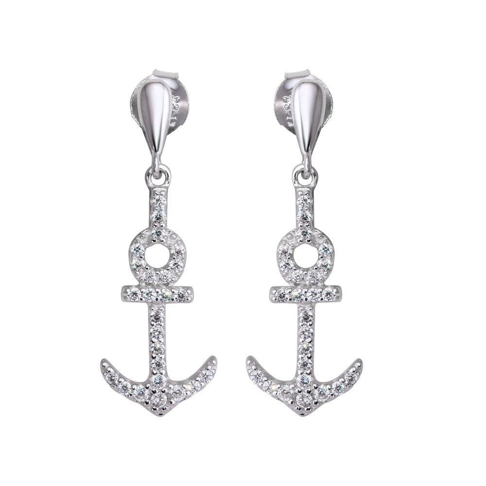 Rhodium Plated 925 Sterling Silver Dangling Anchor Earrings with CZ - BGE00593
