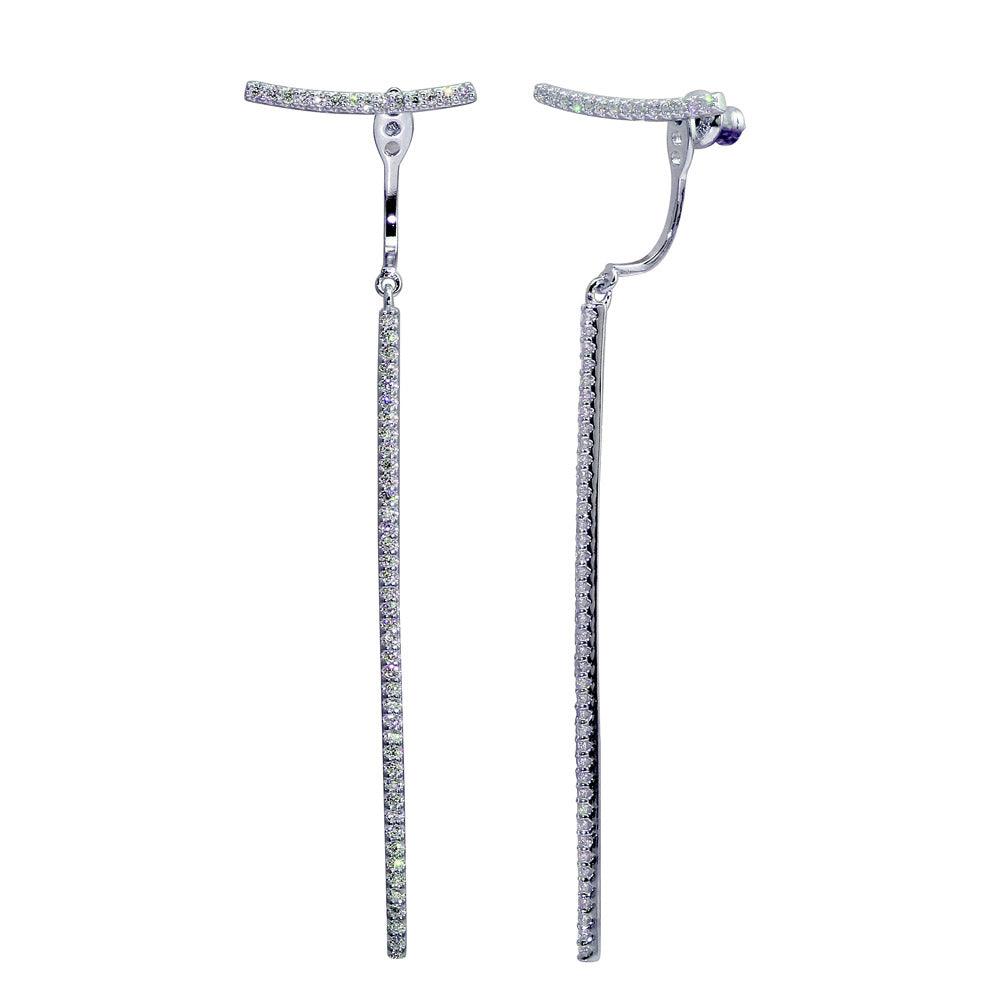 Rhodium Plated 925 Sterling Silver Dangling Bar Earrings with CZ - BGE00597