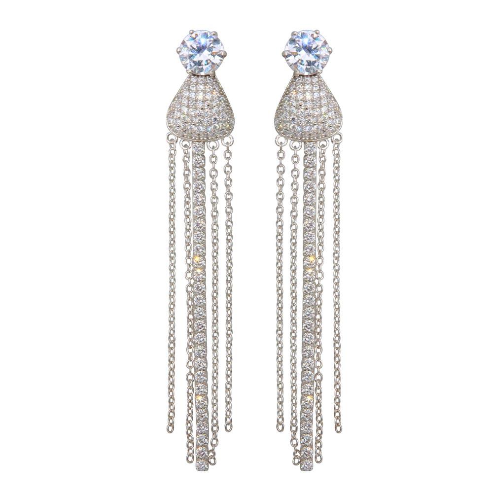 Rhodium Plated 925 Sterling Silver CZ Teardrop Chain Dangling Earrings - BGE00598