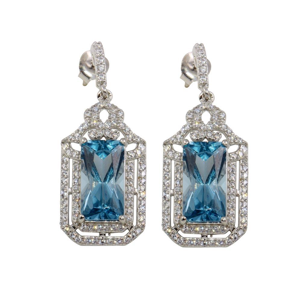 Rhodium Plated 925 Sterling Silver Large Dangling Light Blue Earrings - BGE00601