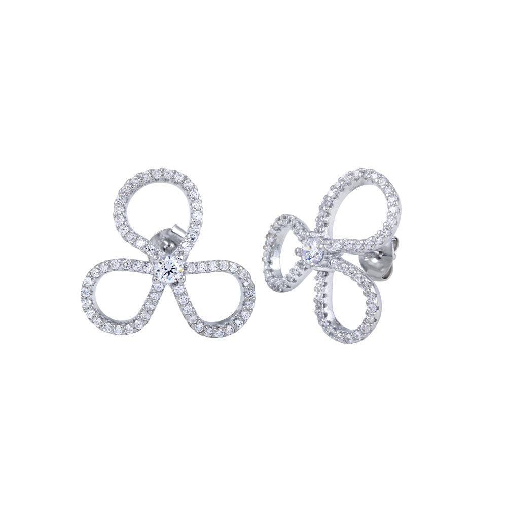 Rhodium Plated 925 Sterling Silver Open Clover Leaf CZ Earrings - BGE00619