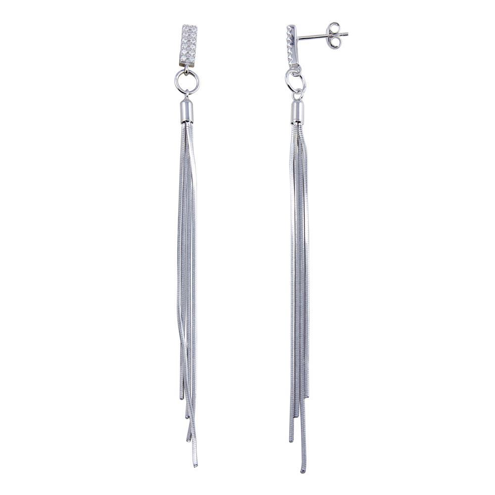 Rhodium Plated 925 Sterling Silver CZ Bar Snake SQ Dangling Earrings - BGE00626