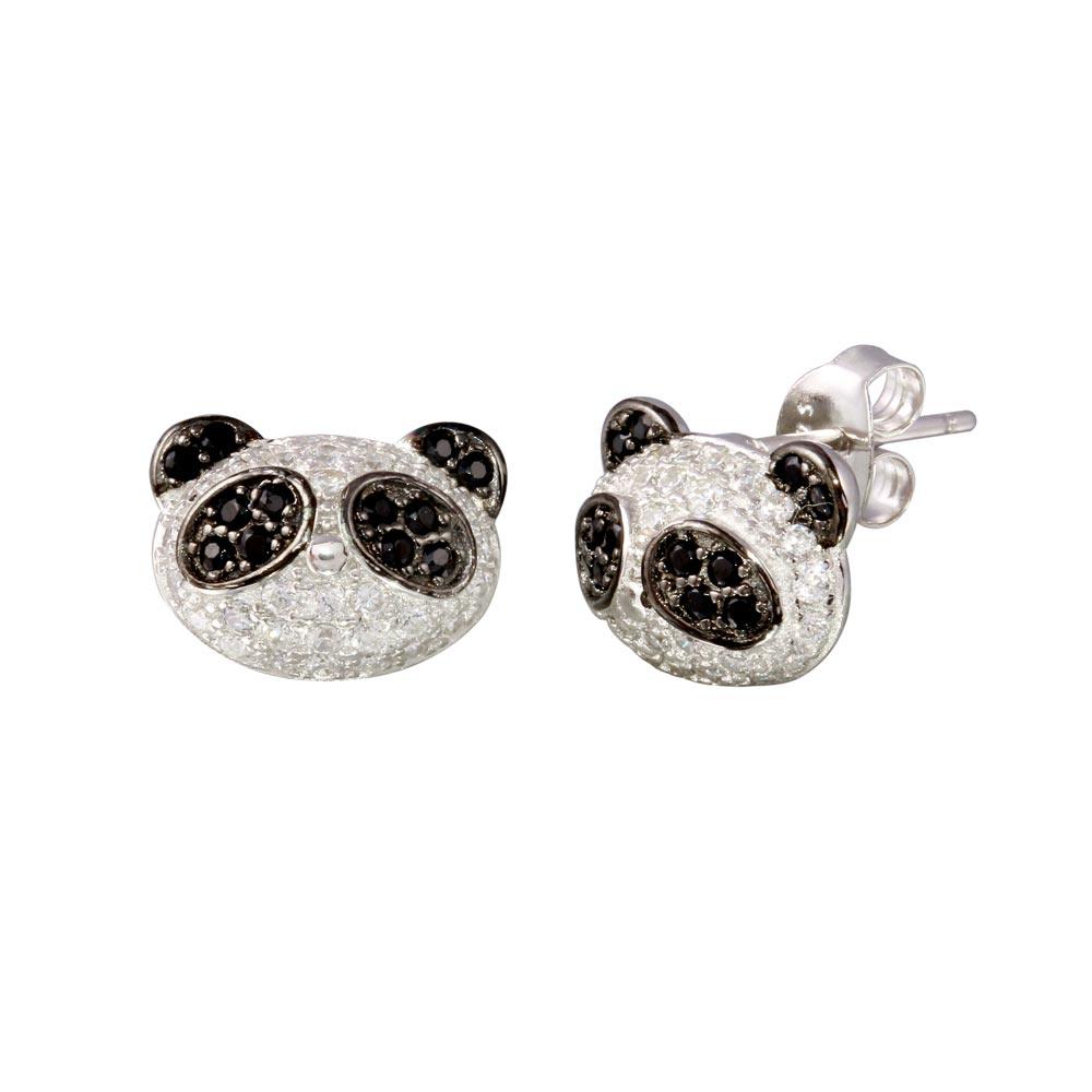 Rhodium Plated 925 Sterling Silver CZ Encrusted Panda Stud Earrings -BGE00630