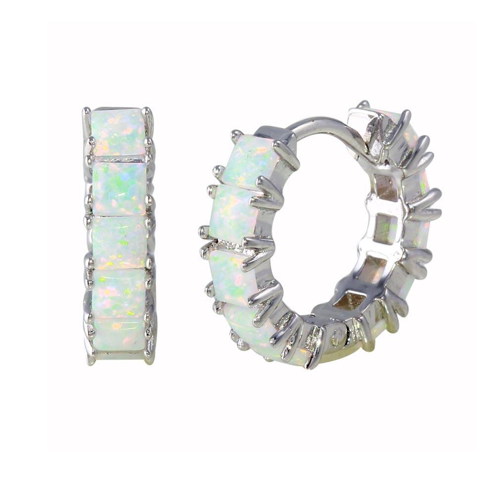Rhodium Plated 925 Sterling Silver Opal huggie hoop Earrings 16mm - BGE00633